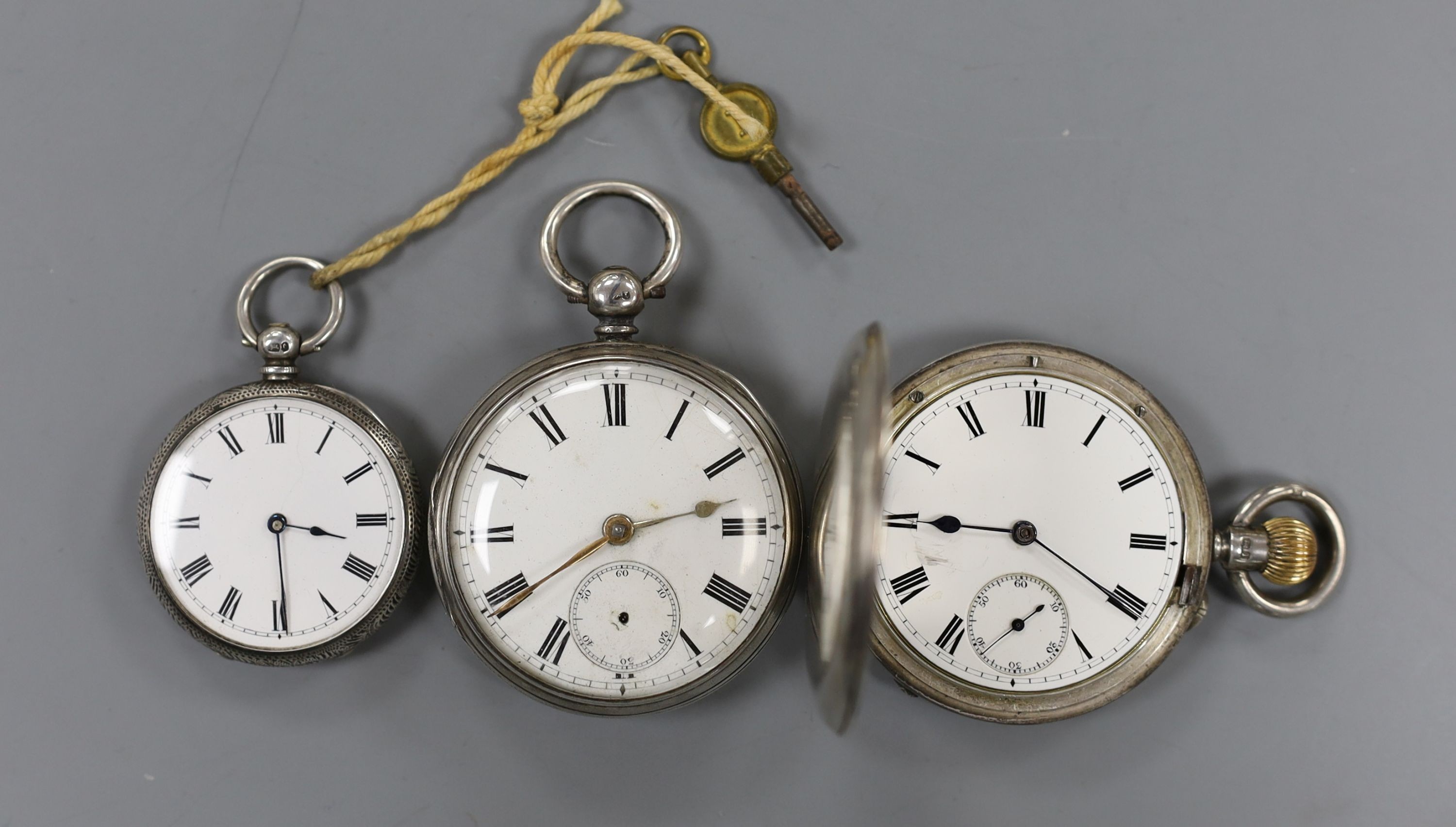 Two silver pocket watches including 19th century and a silver fob watch.